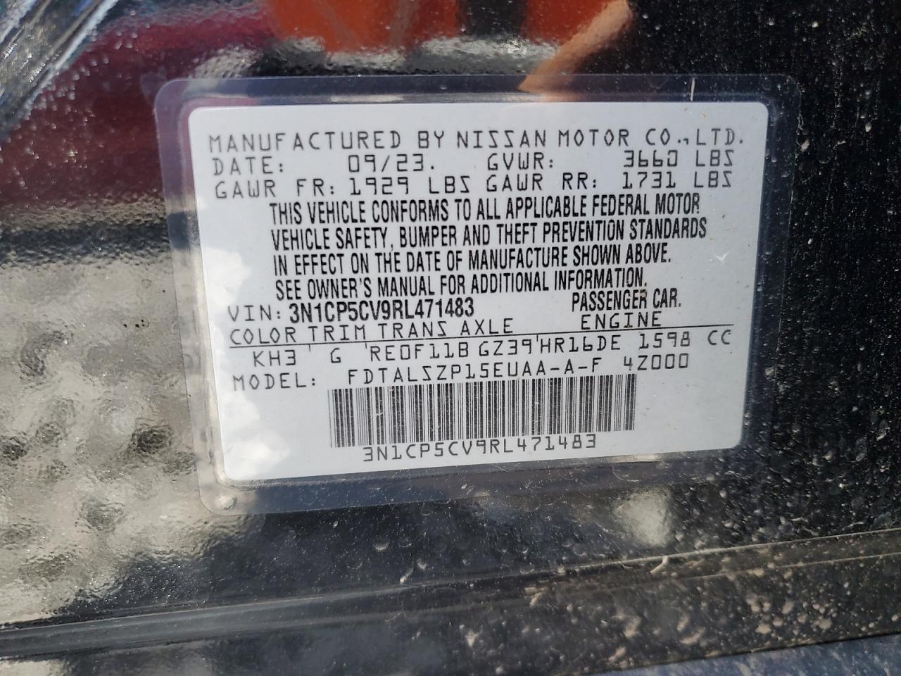 2024 Nissan Kicks Sv VIN: 3N1CP5CV9RL471483 Lot: 60711025