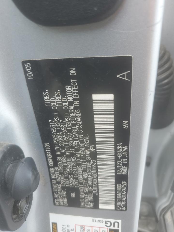 2006 Lexus Gx 470 VIN: JTJBT20X760103673 Lot: 62176885