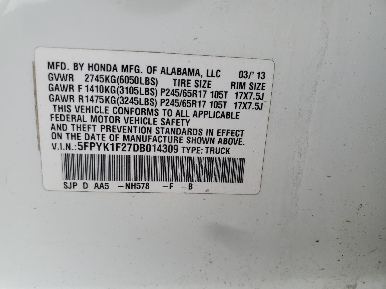 2013 Honda Ridgeline Rt VIN: 5FPYK1F27DB014309 Lot: 59000075