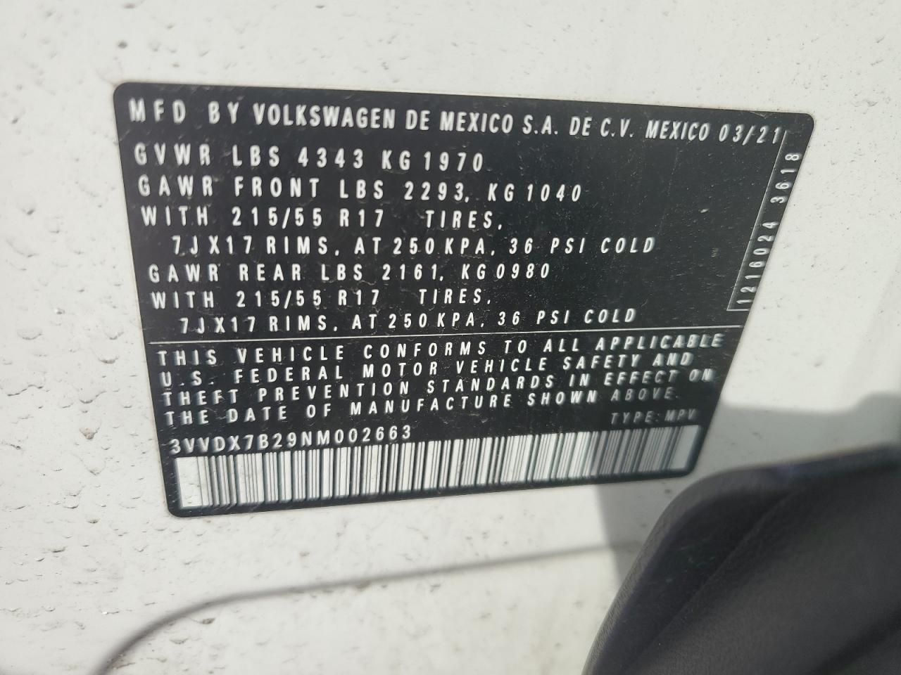 2022 Volkswagen Taos S VIN: 3VVDX7B29NM002663 Lot: 62408375