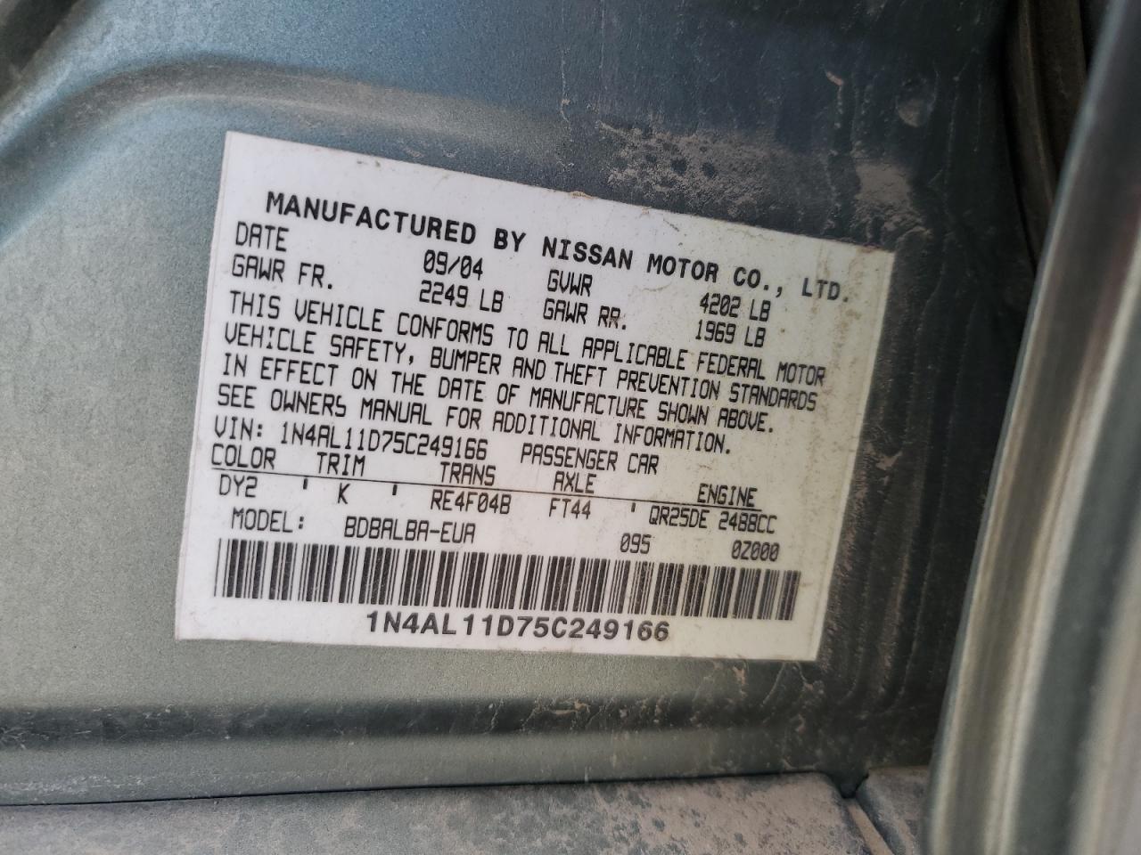 2005 Nissan Altima S VIN: 1N4AL11D75C249166 Lot: 58978985