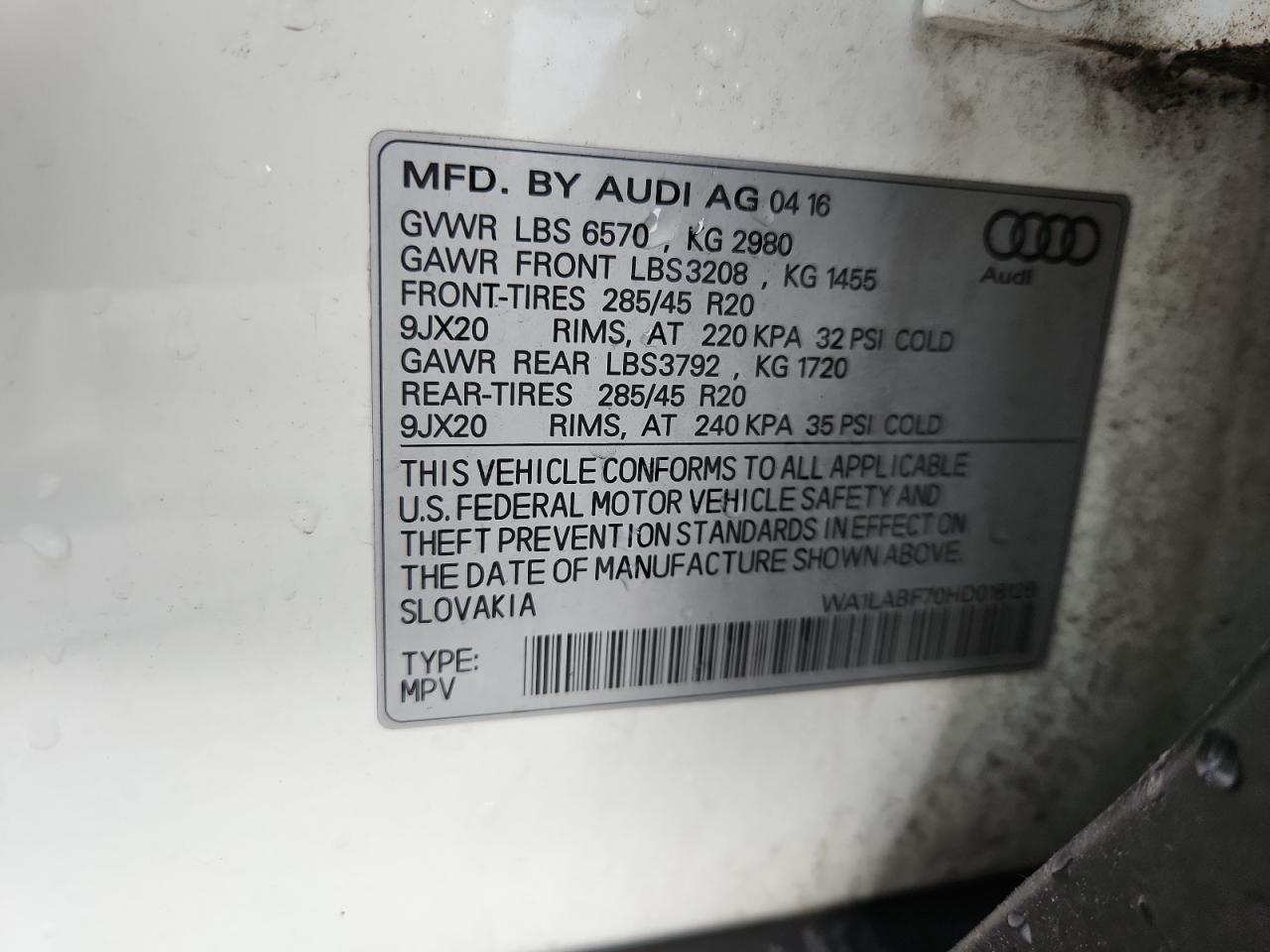 2017 Audi Q7 Premium Plus VIN: WA1LABF70HD016126 Lot: 62913985