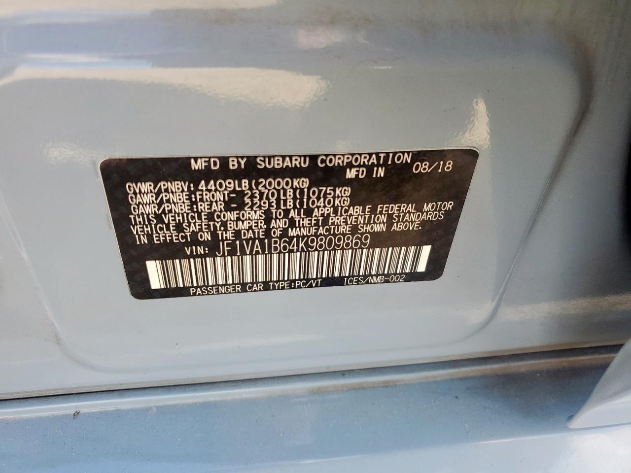 2019 Subaru Wrx Premium VIN: JF1VA1B64K9809869 Lot: 62323985
