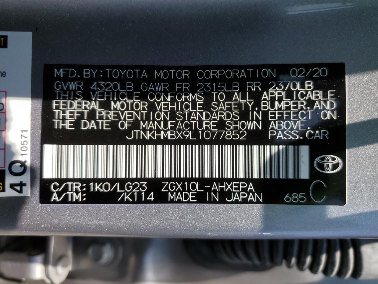 2020 Toyota C-Hr Xle VIN: JTNKHMBX9L1077852 Lot: 61689325