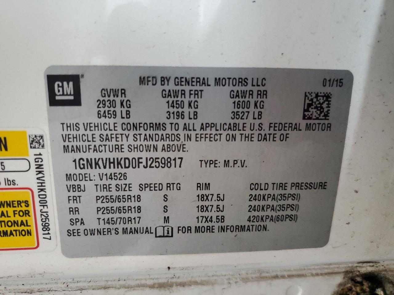2015 Chevrolet Traverse Lt VIN: 1GNKVHKD0FJ259817 Lot: 61309015