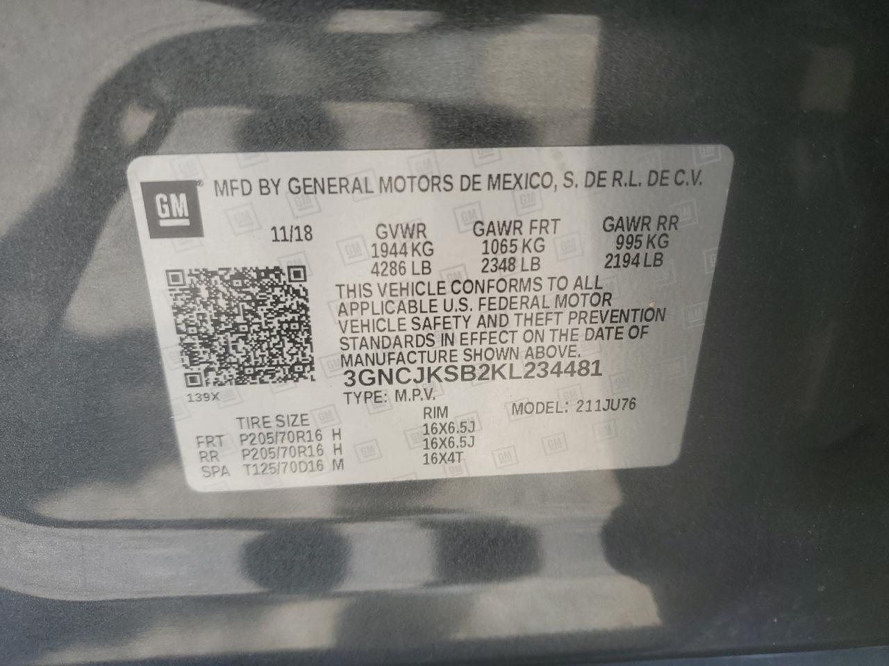 2019 Chevrolet Trax Ls VIN: 3GNCJKSB2KL234481 Lot: 70184475