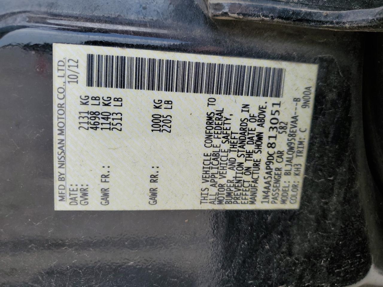 2013 Nissan Maxima S VIN: 1N4AA5AP9DC813051 Lot: 62369995