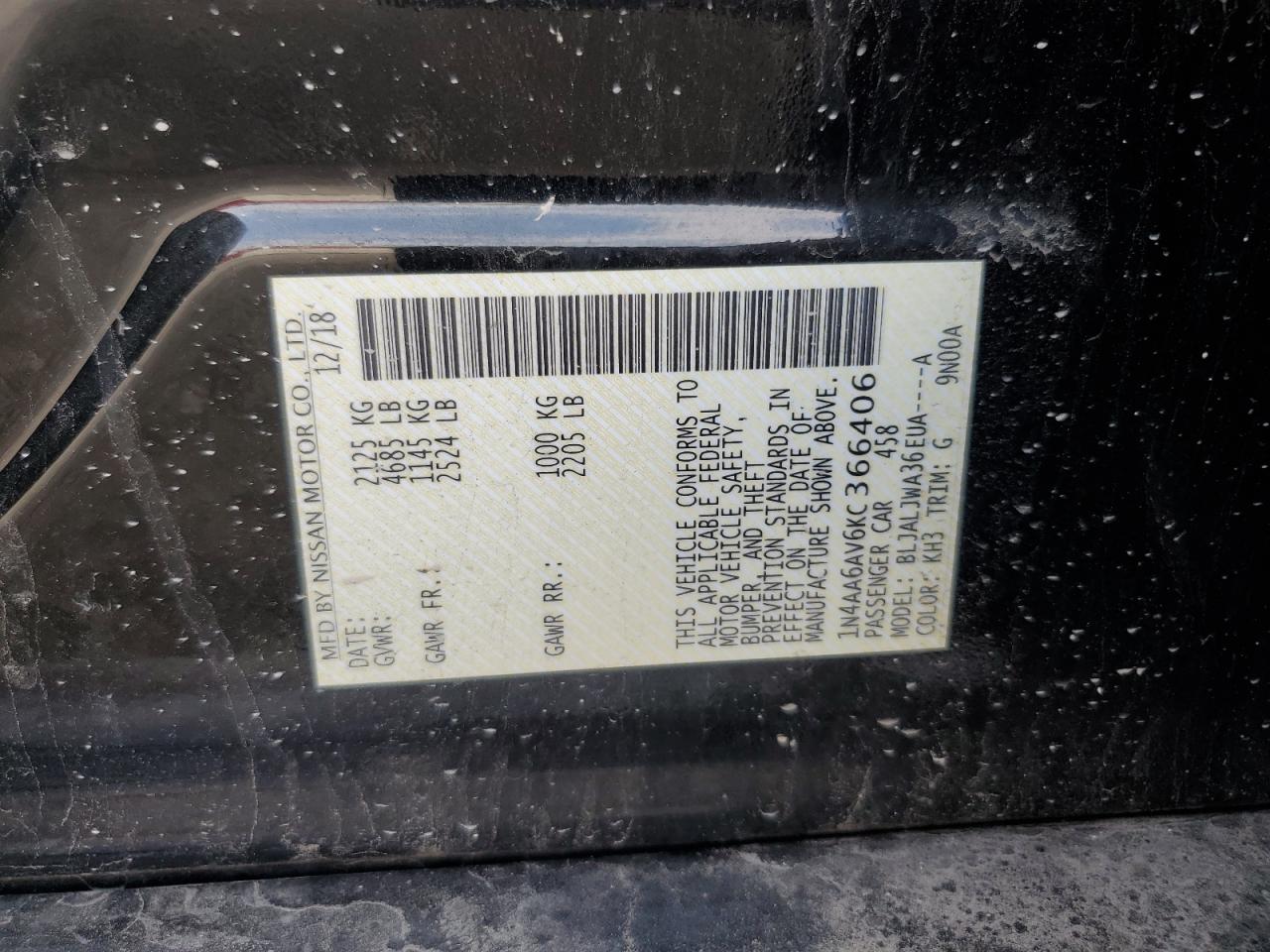 2019 Nissan Maxima S VIN: 1N4AA6AV6KC366406 Lot: 60195925