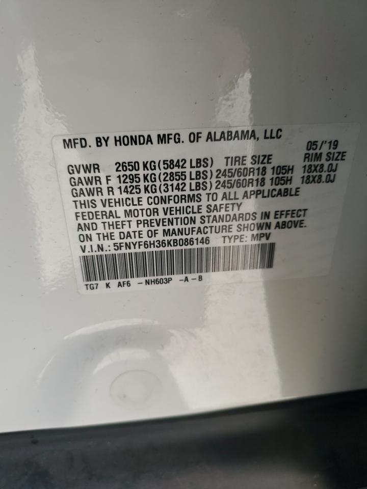 2019 Honda Pilot Ex VIN: 5FNYF6H36KB086146 Lot: 62790985