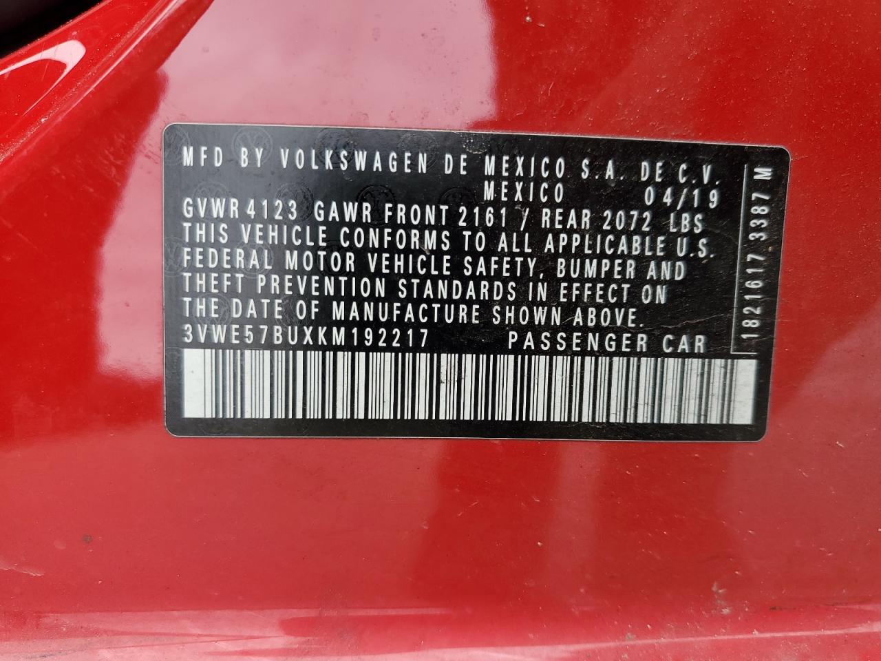 2019 Volkswagen Jetta Sel VIN: 3VWE57BUXKM192217 Lot: 62532145