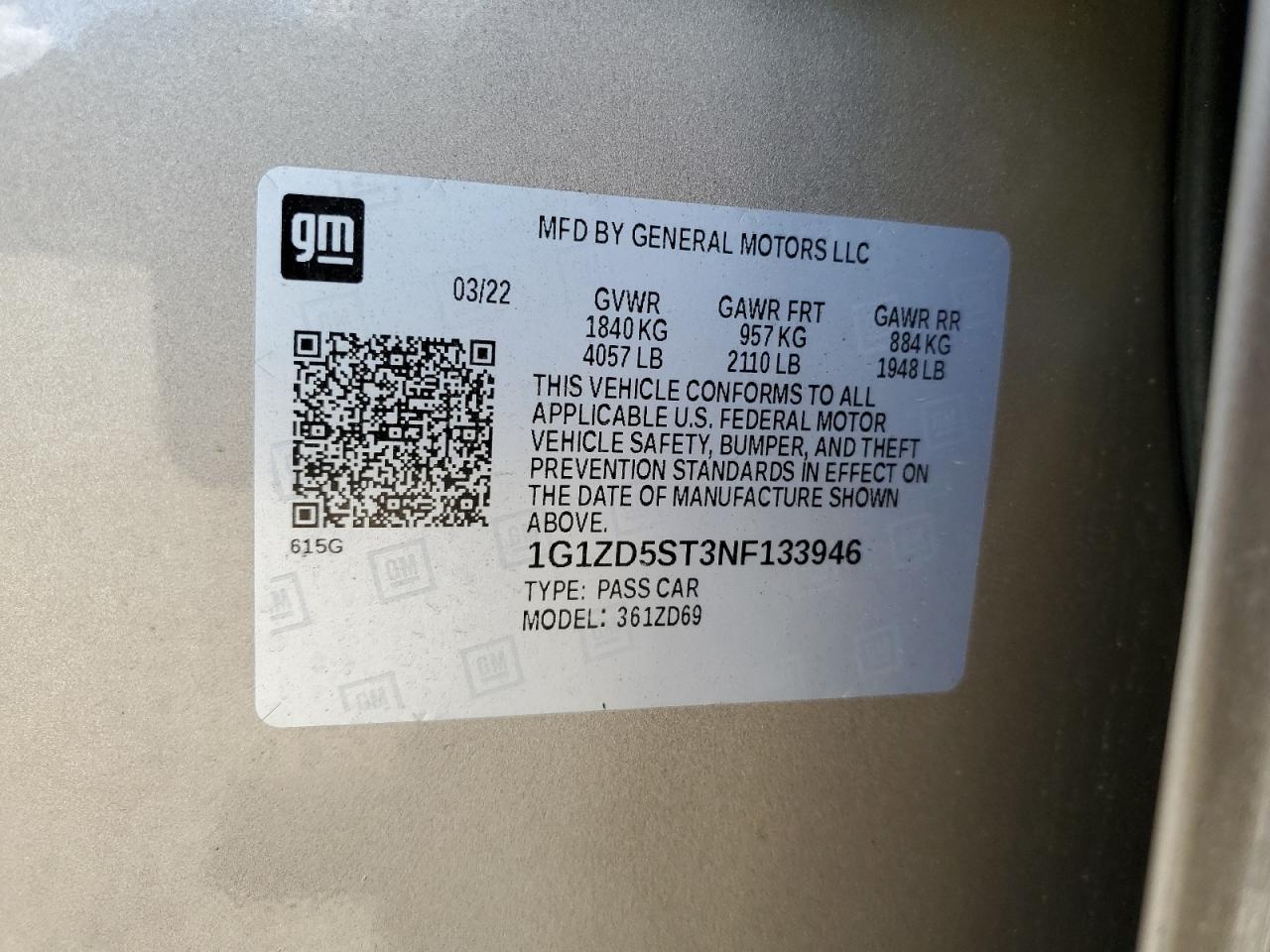 2022 Chevrolet Malibu Lt VIN: 1G1ZD5ST3NF133946 Lot: 62059855