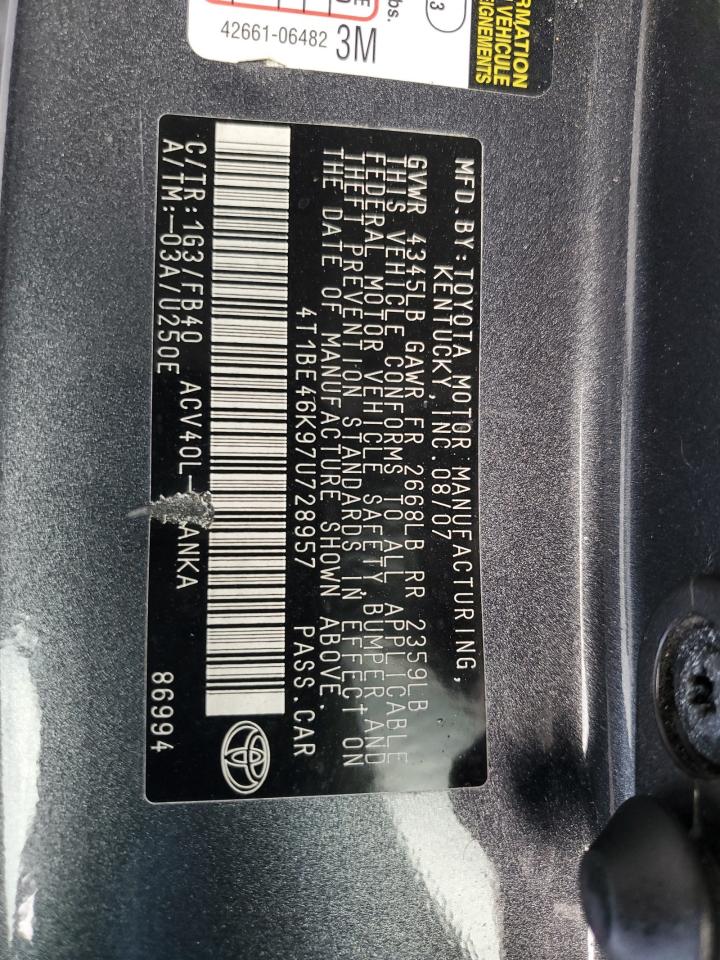 TOYOTA CAMRY 2007 VIN 4T1BE46K97U728957 фото 12
