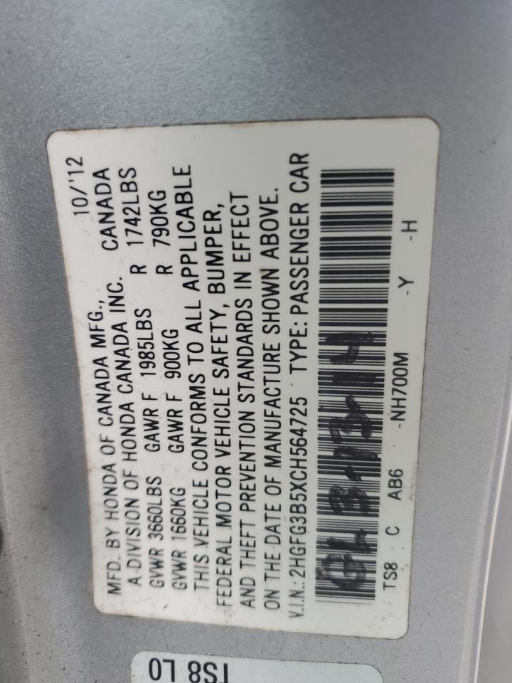 2012 Honda Civic Lx VIN: 2HGFG3B5XCH564725 Lot: 63012225