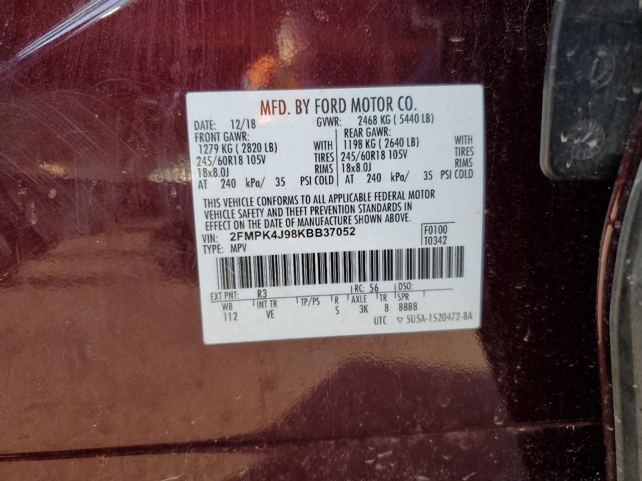 2019 Ford Edge Sel VIN: 2FMPK4J98KBB37052 Lot: 61816085