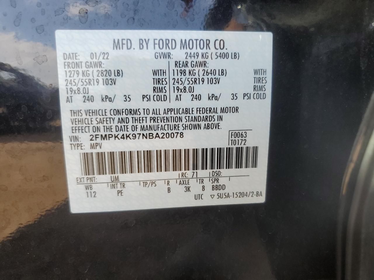 2022 Ford Edge Titanium VIN: 2FMPK4K97NBA20078 Lot: 63230055