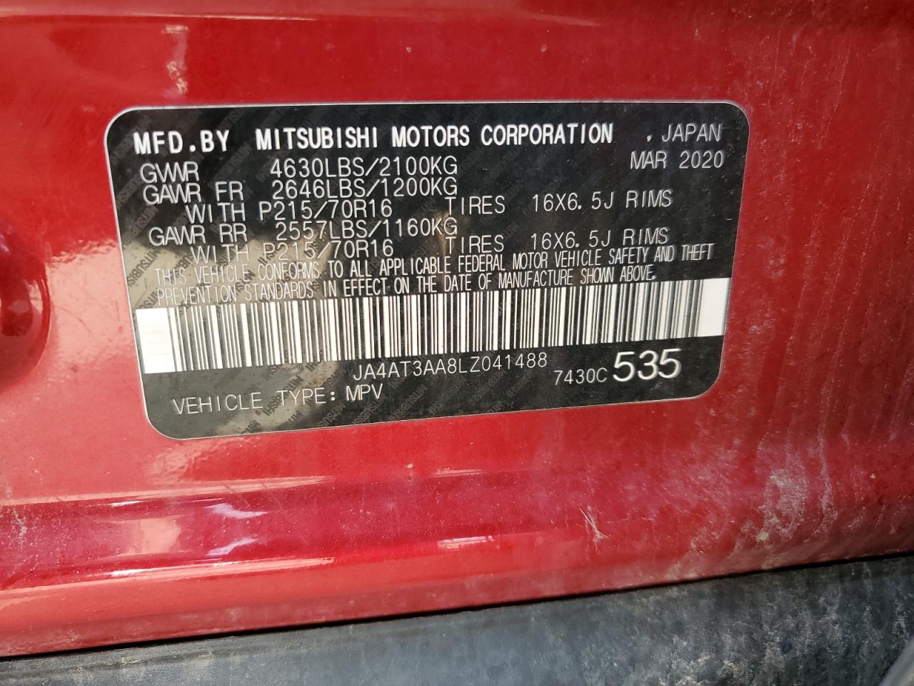 2020 Mitsubishi Eclipse Cross Es VIN: JA4AT3AA8LZ041488 Lot: 62351295