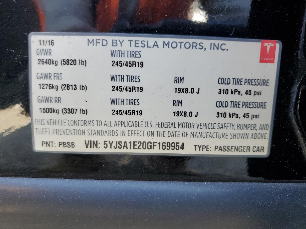 2016 Tesla Model S VIN: 5YJSA1E20GF169954 Lot: 61974475