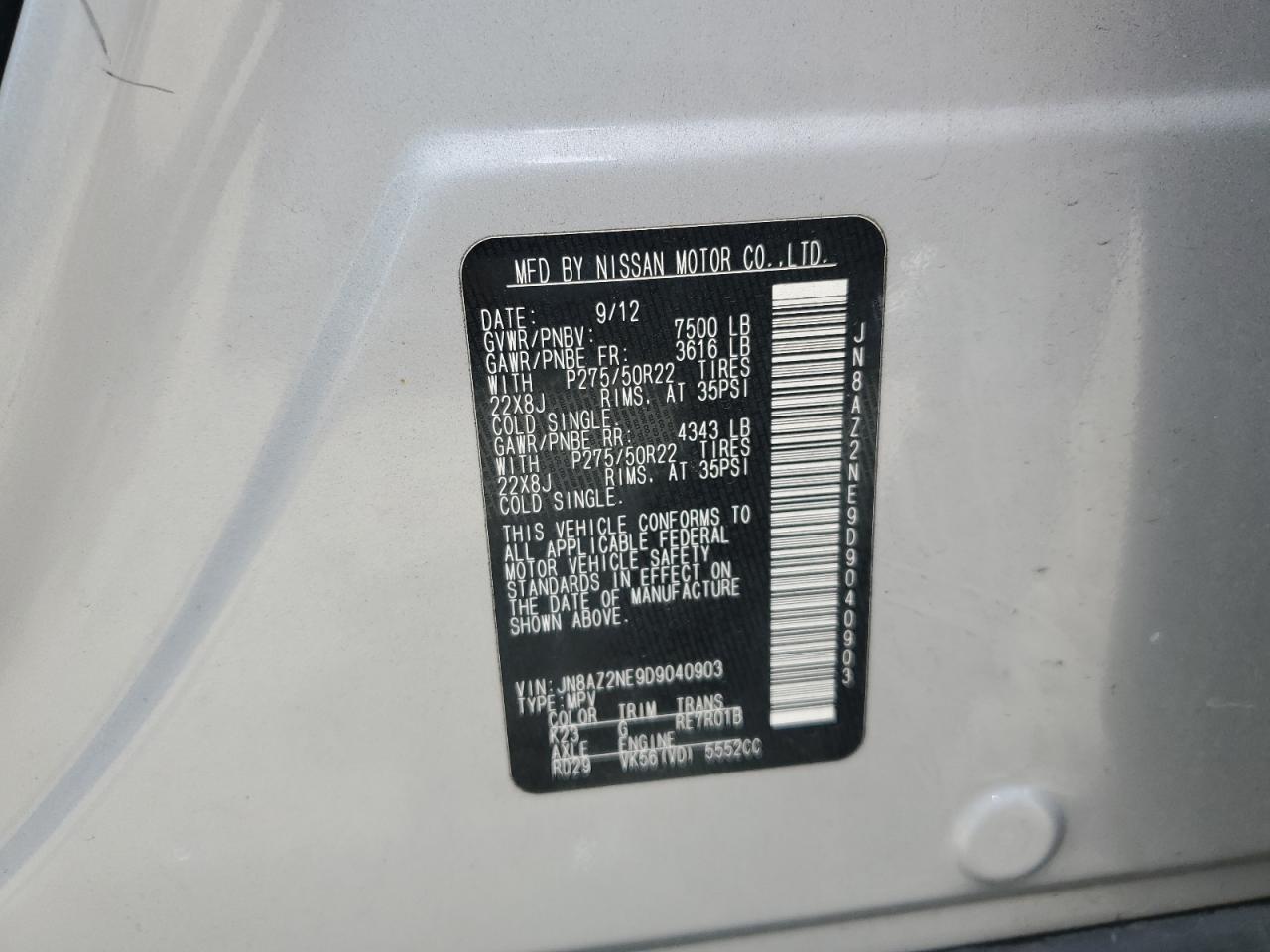 2013 Infiniti Qx56 VIN: JN8AZ2NE9D9040903 Lot: 60549405