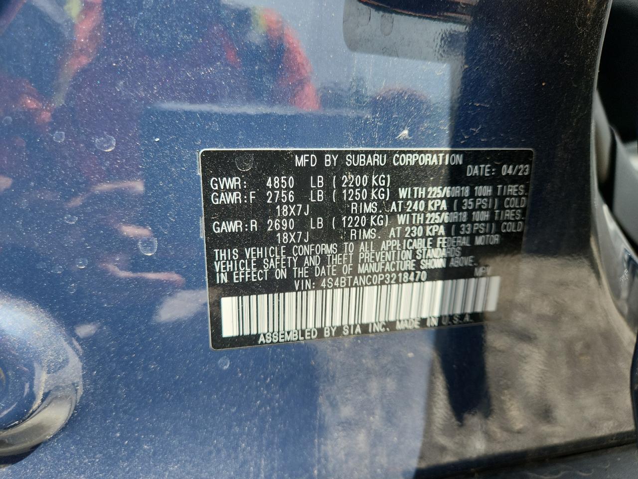 2023 Subaru Outback Limited VIN: 4S4BTANC0P3218470 Lot: 63086505