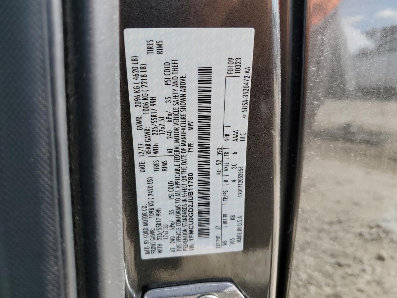 2018 Ford Escape Se VIN: 1FMCU0GD2JUB11780 Lot: 62694215
