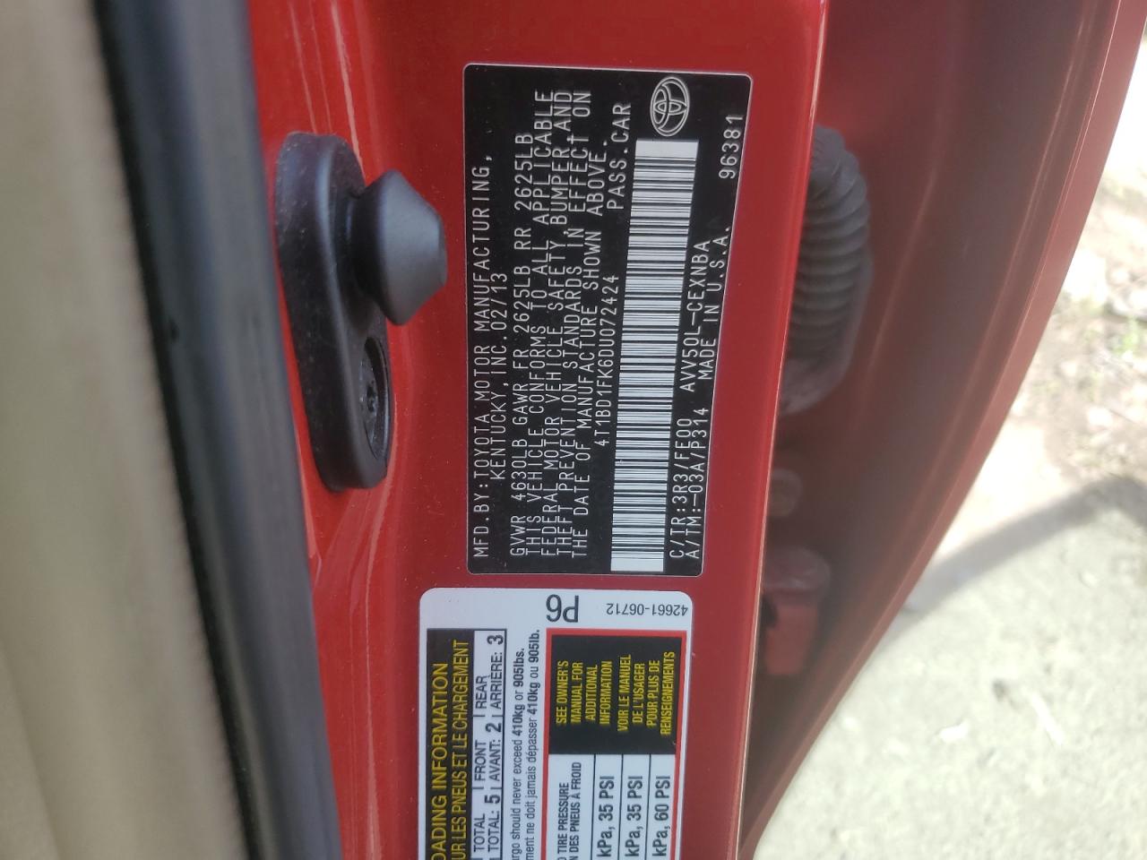 2013 Toyota Camry Hybrid VIN: 4T1BD1FK6DU072424 Lot: 62870985