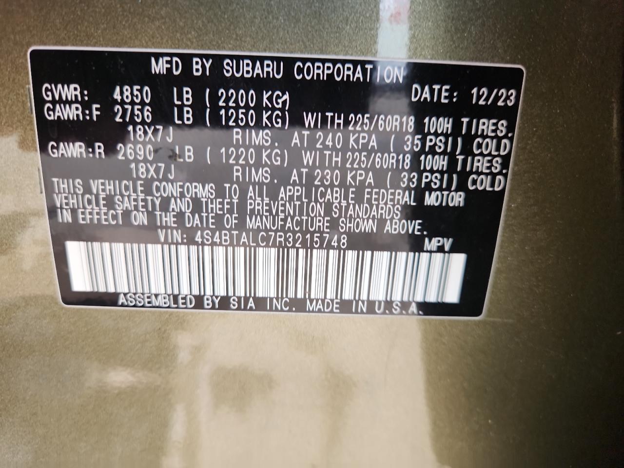 2024 Subaru Outback Onyx Edition VIN: 4S4BTALC7R3215748 Lot: 61156775