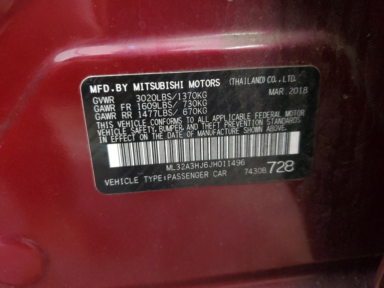 2018 Mitsubishi Mirage Es VIN: ML32A3HJ6JH011496 Lot: 63009185