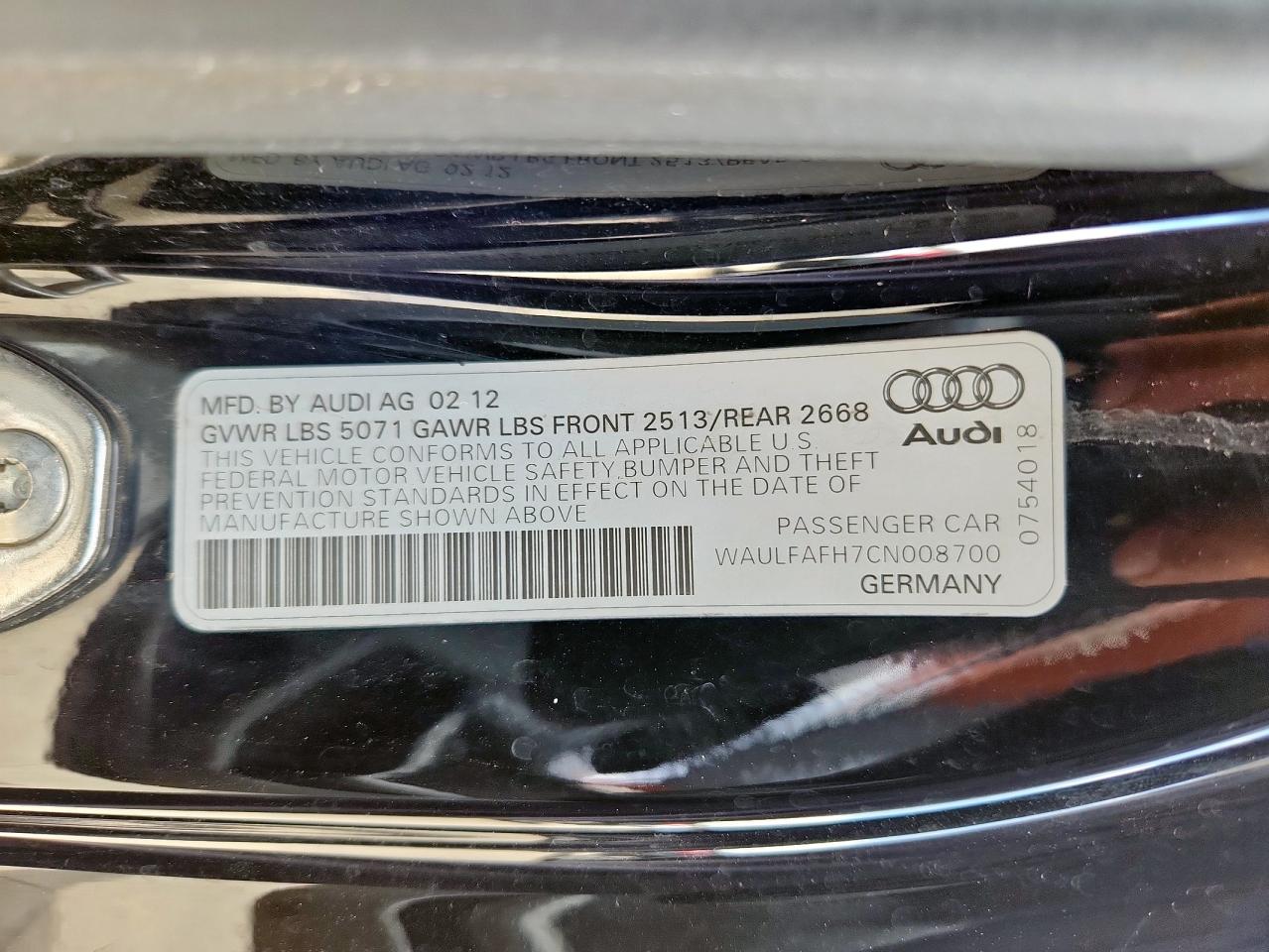 2012 Audi A5 Premium Plus VIN: WAULFAFH7CN008700 Lot: 62026255