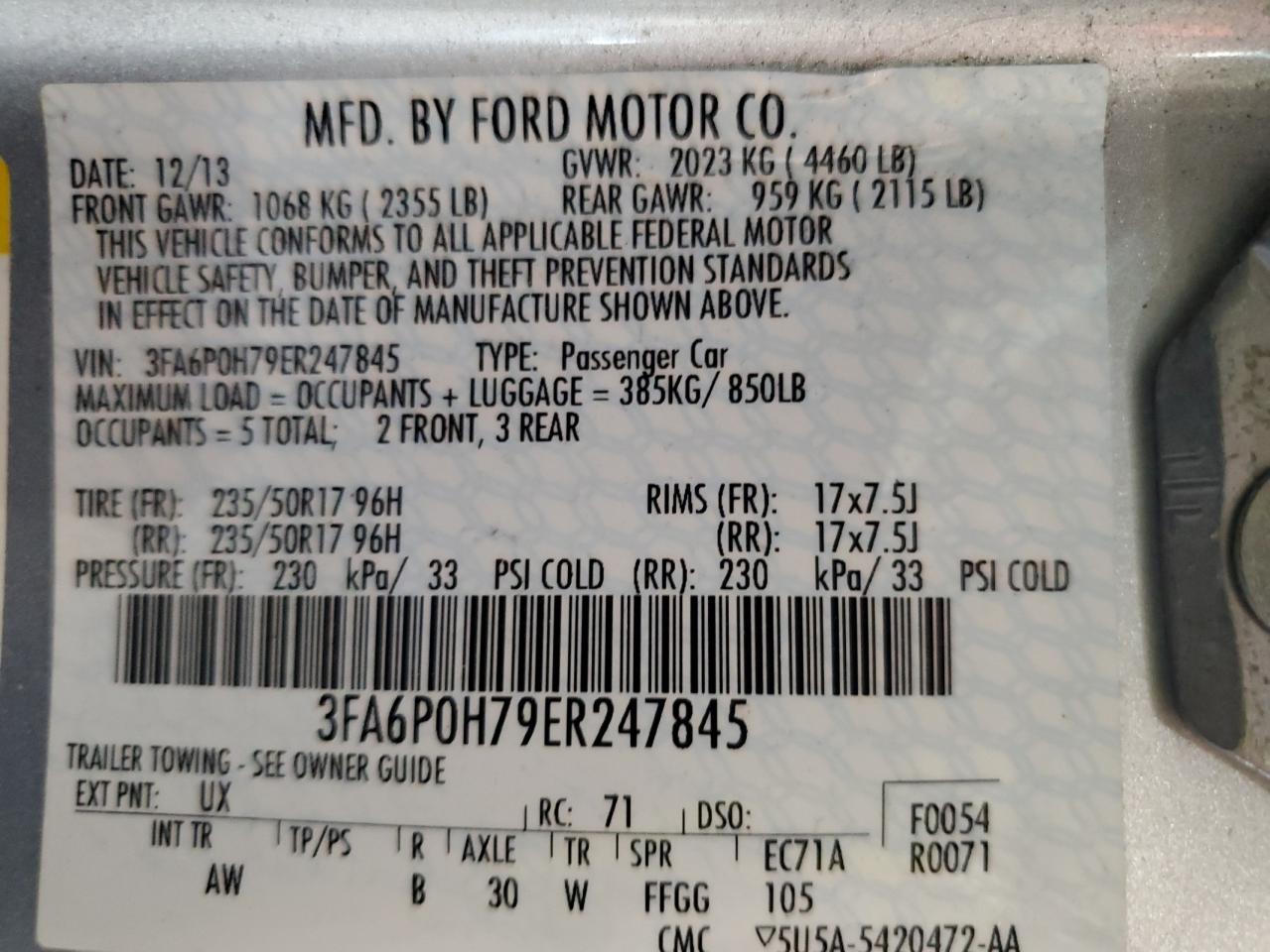2014 Ford Fusion Se VIN: 3FA6P0H79ER247845 Lot: 62945375