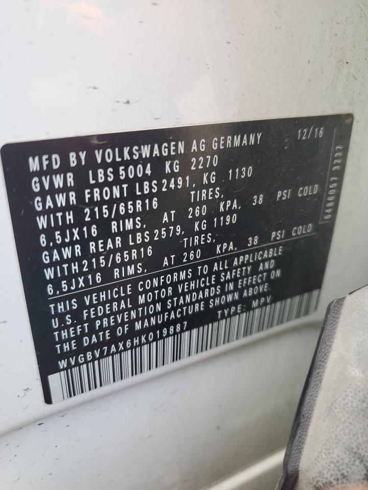 2017 Volkswagen Tiguan S VIN: WVGBV7AX6HK019887 Lot: 59719755