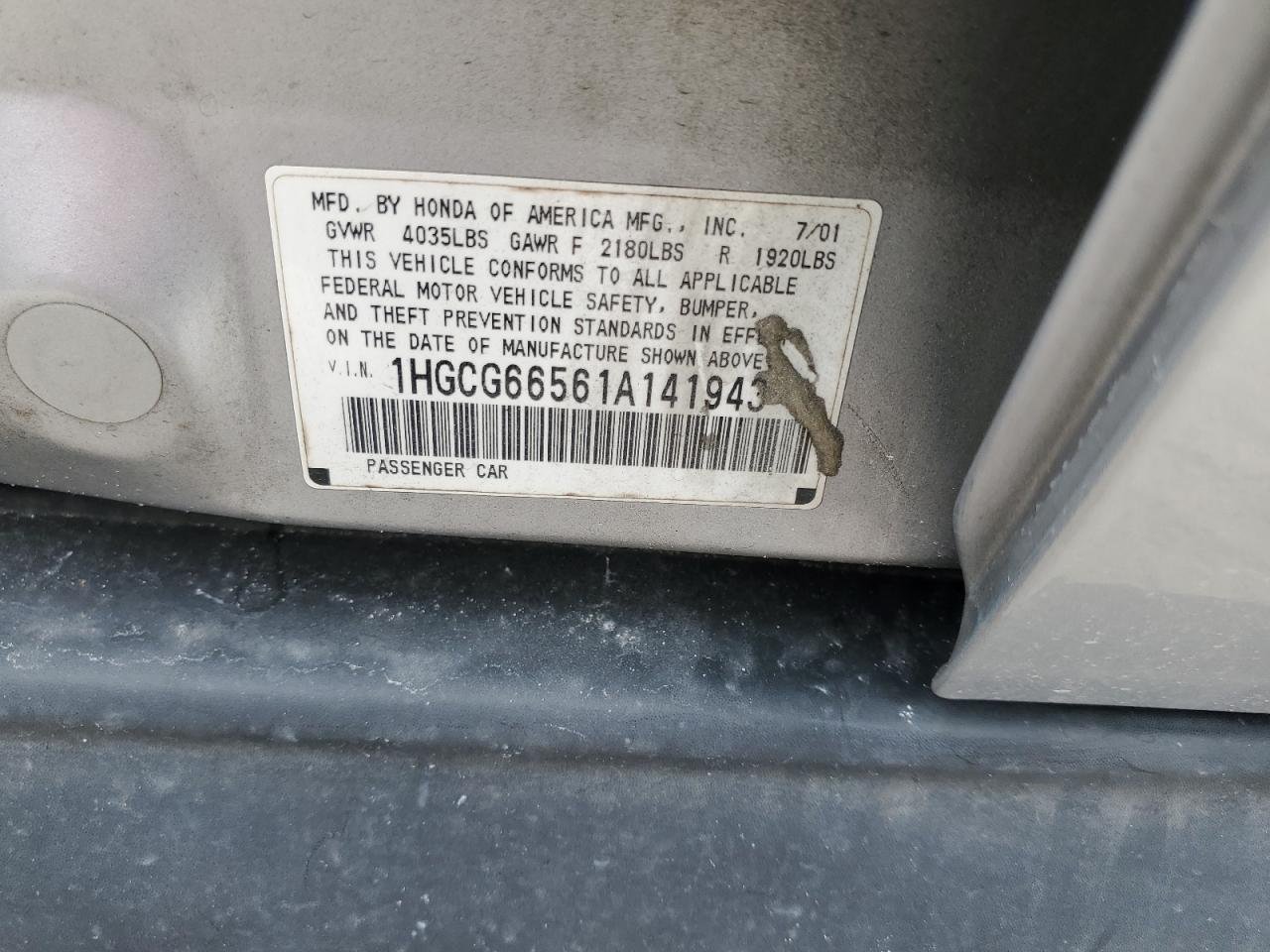 2001 Honda Accord Lx VIN: 1HGCG66561A141943 Lot: 62288325