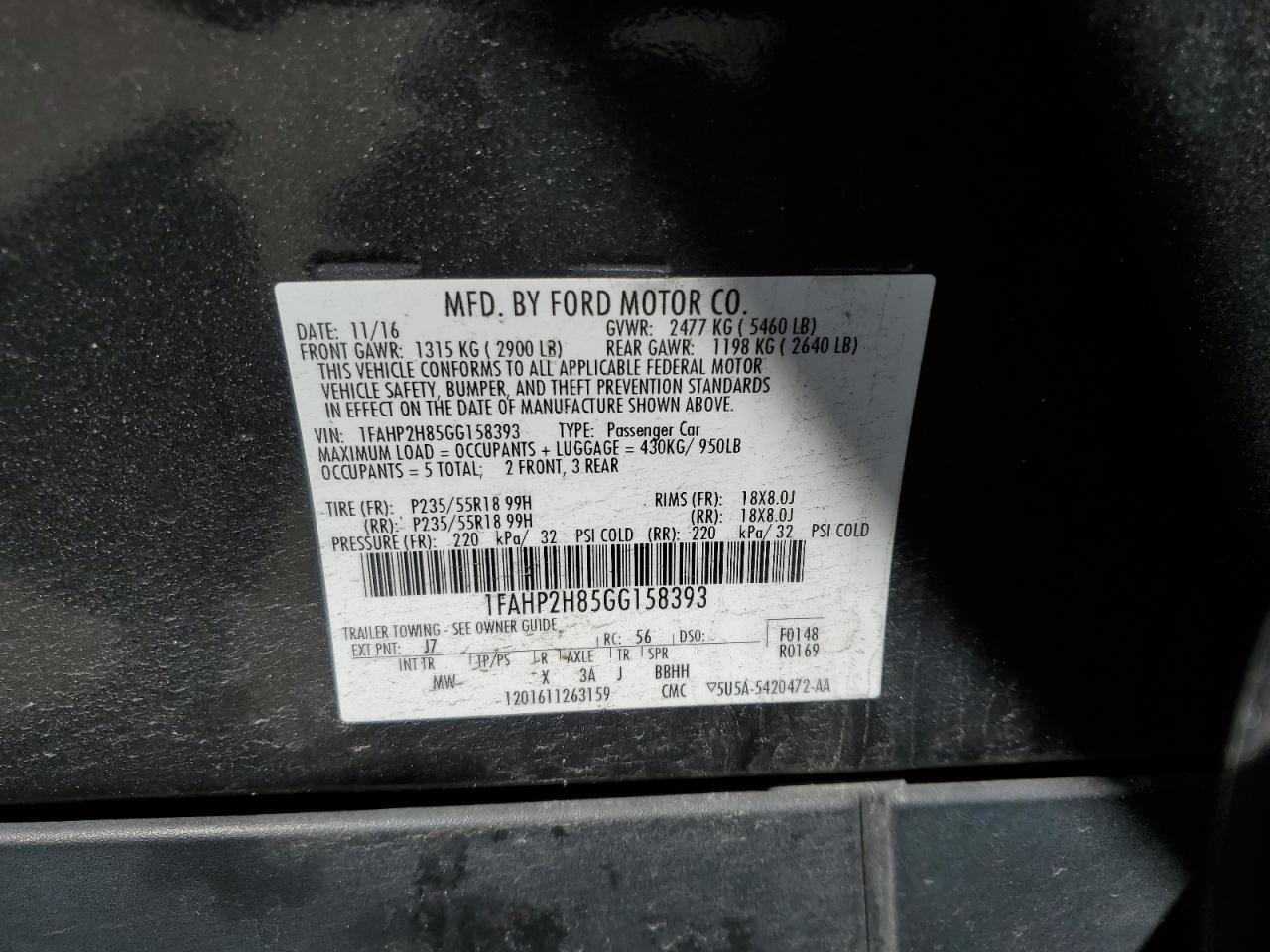 2016 Ford Taurus Sel VIN: 1FAHP2H85GG158393 Lot: 62915975