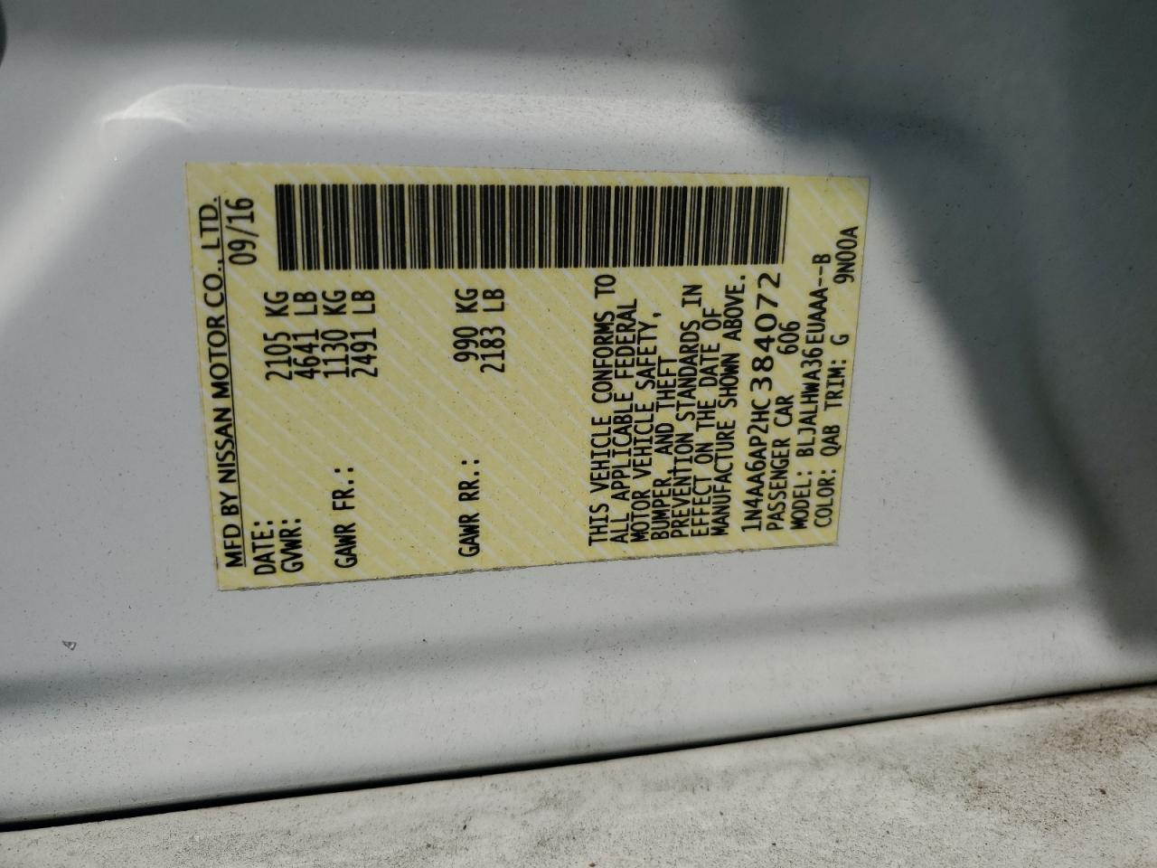 1N4AA6AP2HC384072 NISSAN MAXIMA 2017