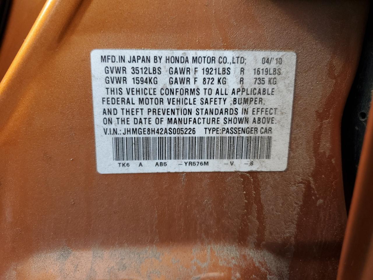 2010 Honda Fit Sport VIN: JHMGE8H42AS005226 Lot: 62021595