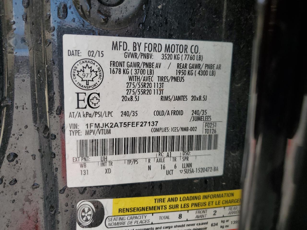 2015 Ford Expedition El Limited VIN: 1FMJK2AT5FEF27137 Lot: 63262965