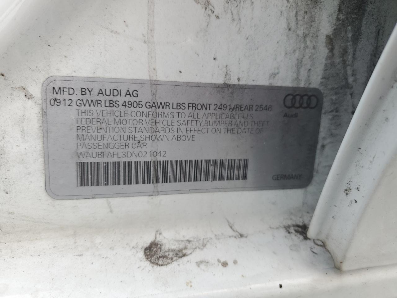 2013 Audi A4 Premium VIN: WAUBFAFL3DN021042 Lot: 61734235