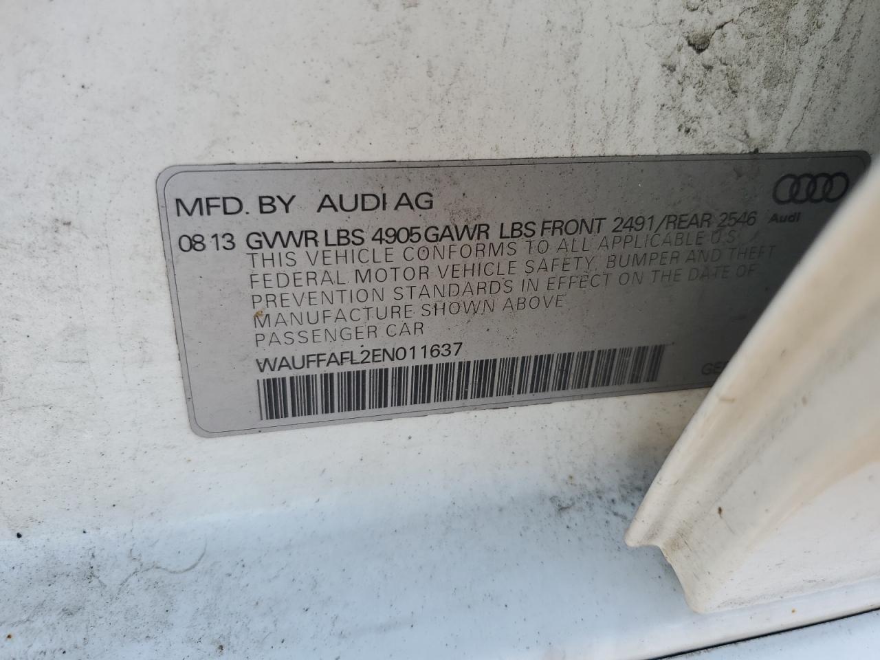 2014 Audi A4 Premium Plus VIN: WAUFFAFL2EN011637 Lot: 58537255