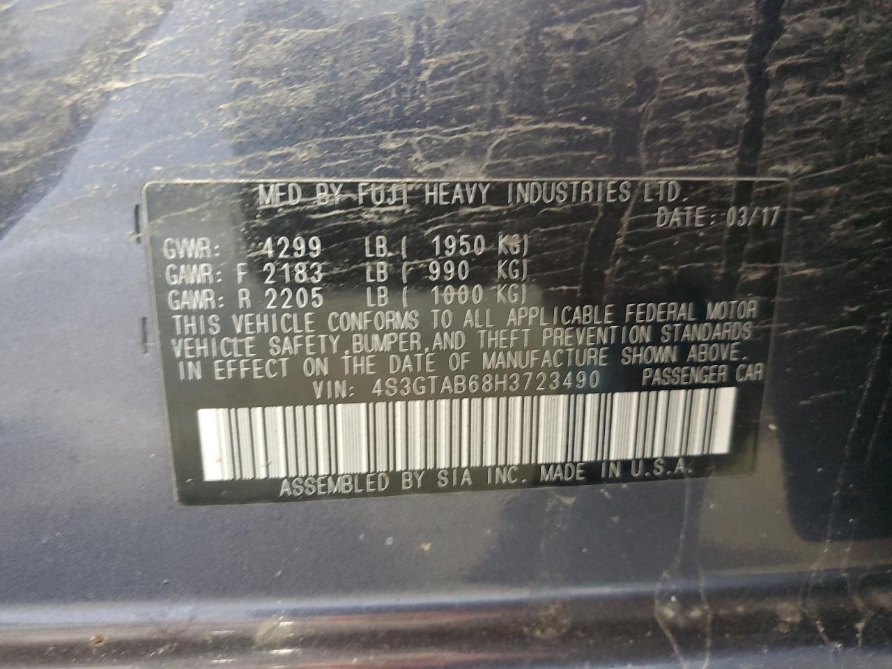 2017 Subaru Impreza Premium VIN: 4S3GTAB68H3723490 Lot: 61716985