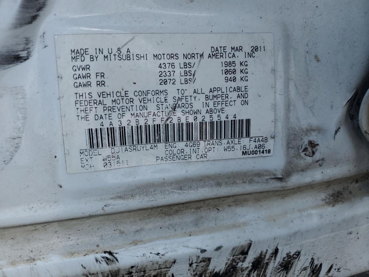 2011 Mitsubishi Galant Fe VIN: 4A32B2FF2BE025544 Lot: 59431805