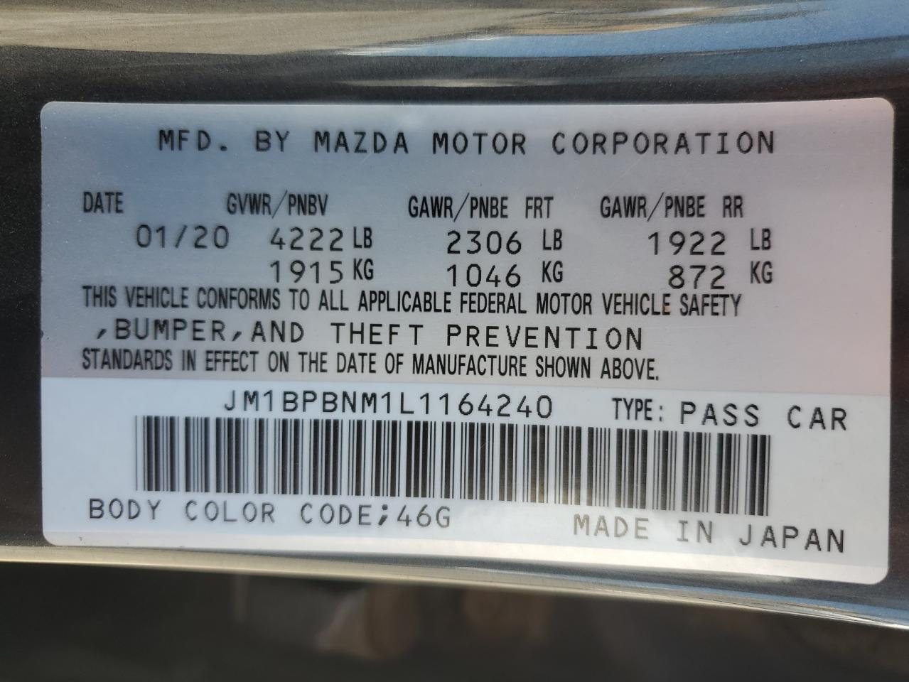 2020 Mazda 3 Premium VIN: JM1BPBNM1L1164240 Lot: 61675365