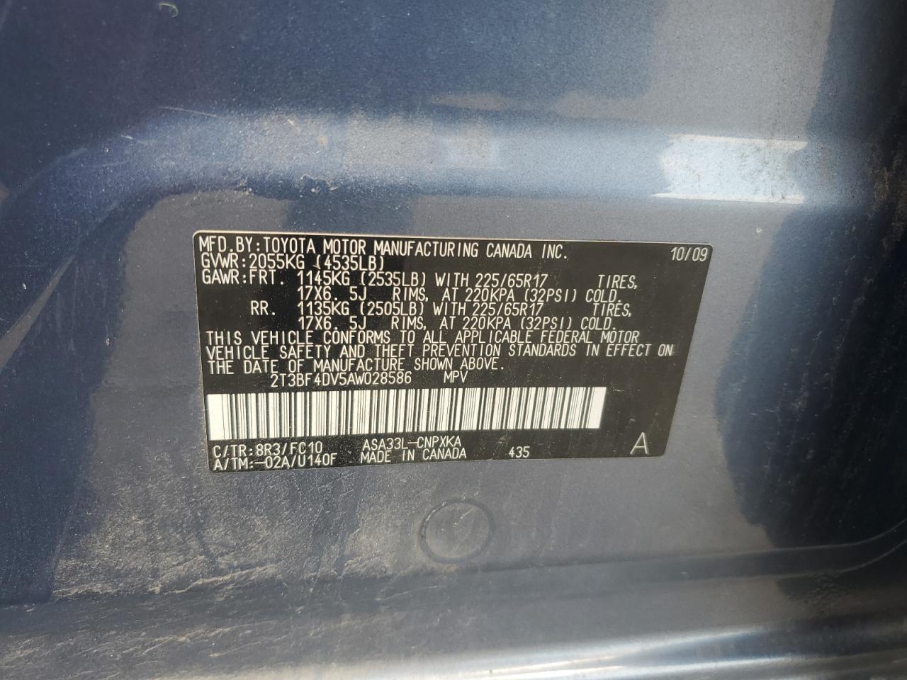 2010 Toyota Rav4 VIN: 2T3BF4DV5AW028586 Lot: 63081945