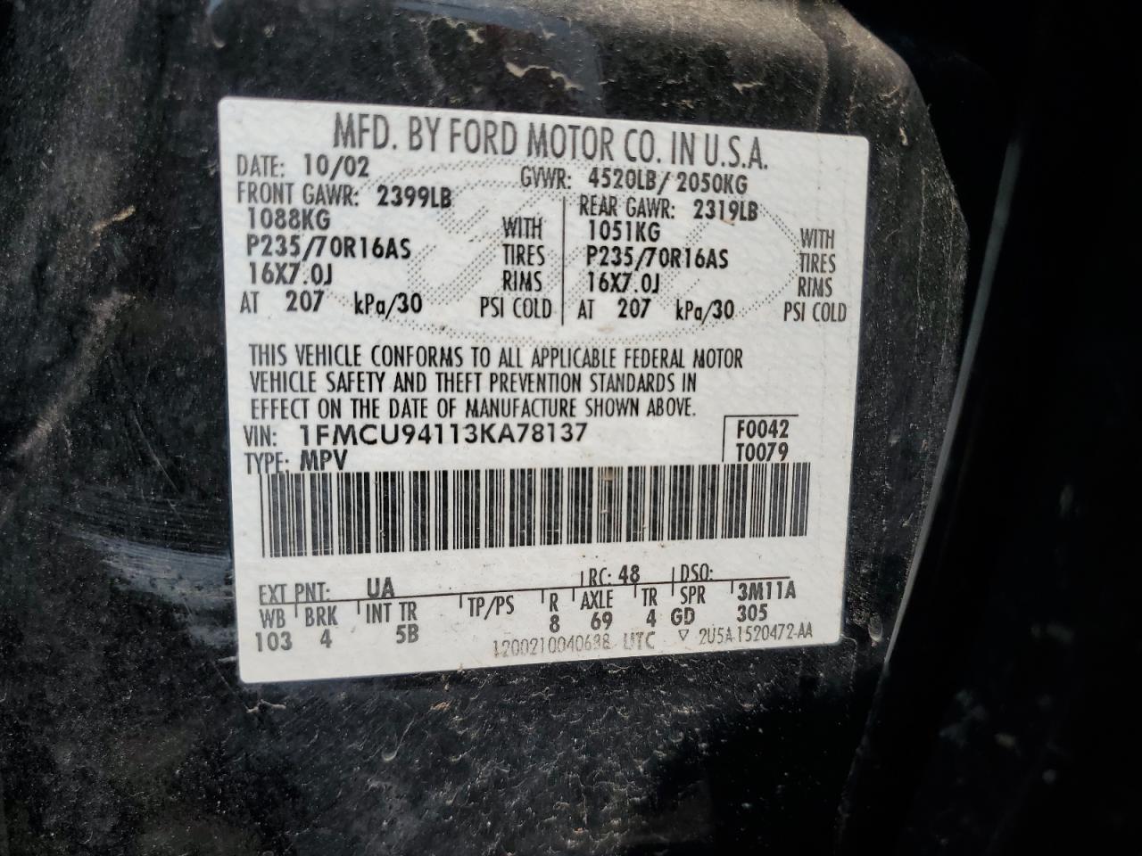 2003 Ford Escape Limited VIN: 1FMCU94113KA78137 Lot: 59762985