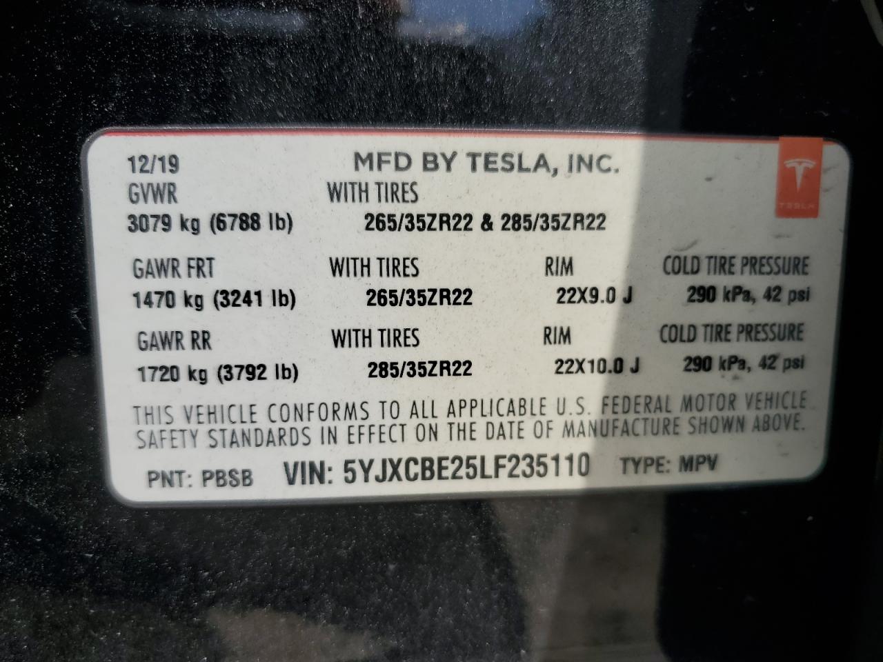 2020 Tesla Model X VIN: 5YJXCBE25LF235110 Lot: 61850045