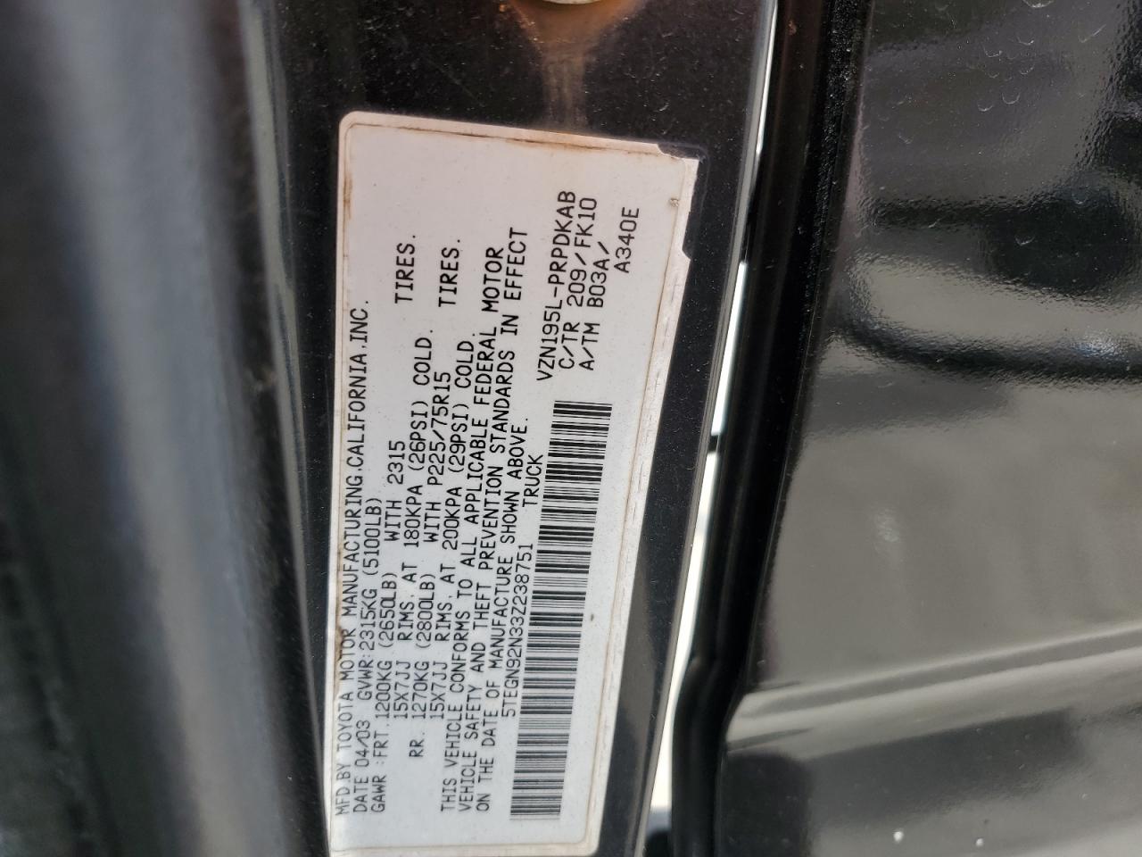 2003 Toyota Tacoma Double Cab Prerunner VIN: 5TEGN92N33Z238751 Lot: 62155645