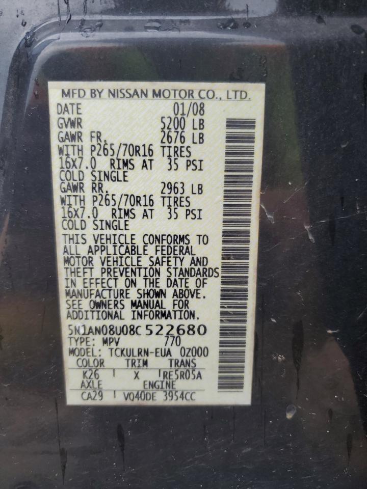 2008 Nissan Xterra Off Road VIN: 5N1AN08U08C522680 Lot: 60263755