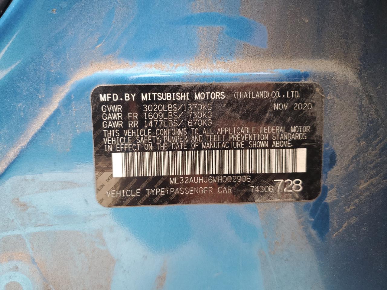 2021 Mitsubishi Mirage Es VIN: ML32AUHJ6MH002906 Lot: 60501695