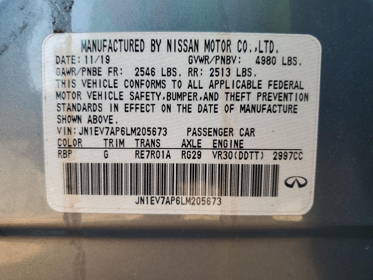 2020 Infiniti Q50 Pure VIN: JN1EV7AP6LM205673 Lot: 58835345