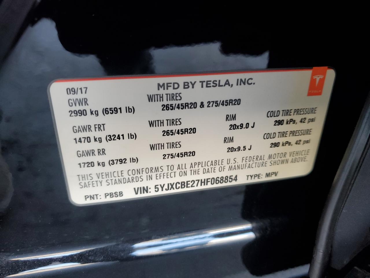 2017 Tesla Model X VIN: 5YJXCBE27HF068854 Lot: 60812335