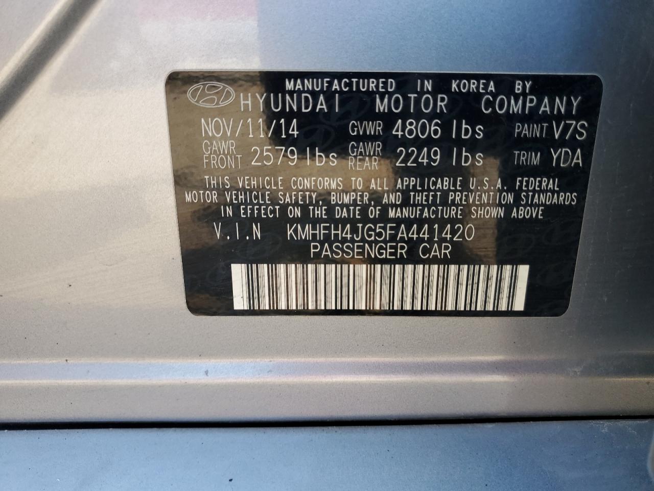 2015 Hyundai Azera Limited VIN: KMHFH4JG5FA441420 Lot: 62355625