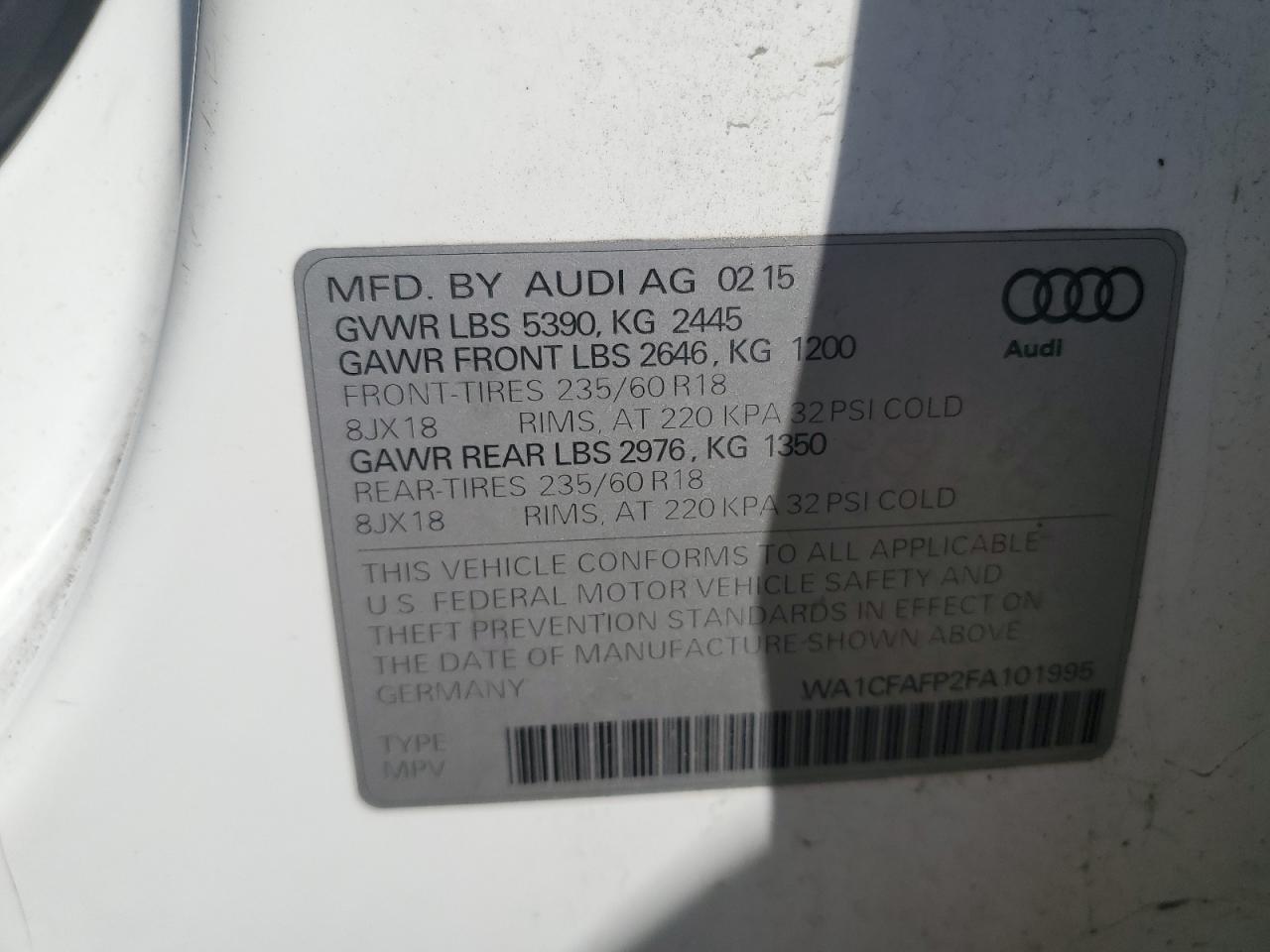 2015 Audi Q5 Premium VIN: WA1CFAFP2FA101995 Lot: 62313475